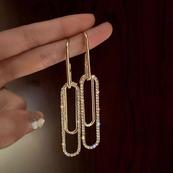 🌼 NEW sparkling crystal & gold drop dangle paper clip earrings 🌼 - Picture 1 of 5